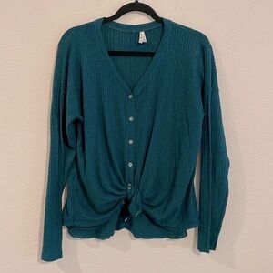Mudd Women’s Long Sleeve Shirt XL Green Waffle Knit Cotton Causal Contemporary
